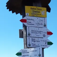 Tablica z drogowskazami na Babiej Górze. Wskazuje szlaki na Diablak, Sokolicę, Markowe Szczawiny i inne.