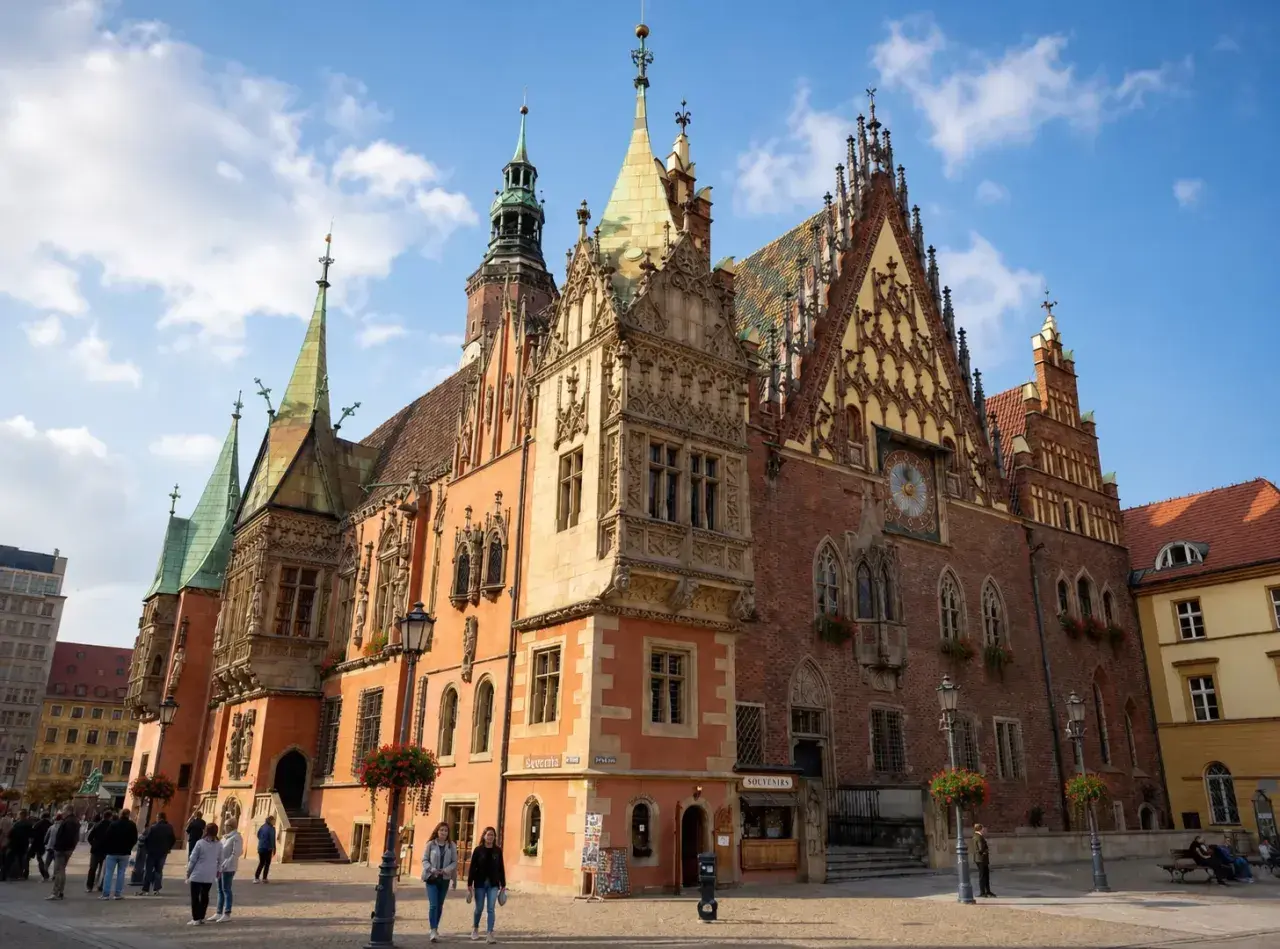 Wrocławski rynek zachwyca architekturą Ratusza. Słoneczny dzień, chmury na niebie, ludzie spacerują po bruku.
